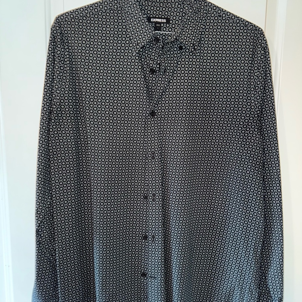 Express Black and White Casual Button Down Shirt with Geometric Pattern